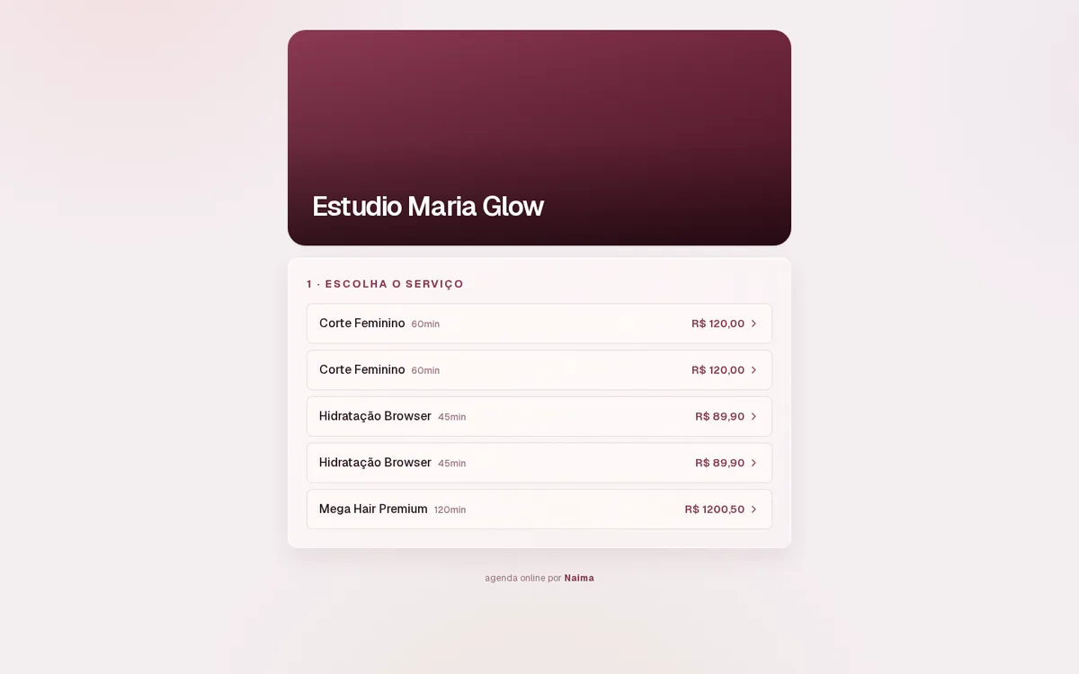 Mini-site real do salão na Naima: capa, serviços, preços e botão de agendar